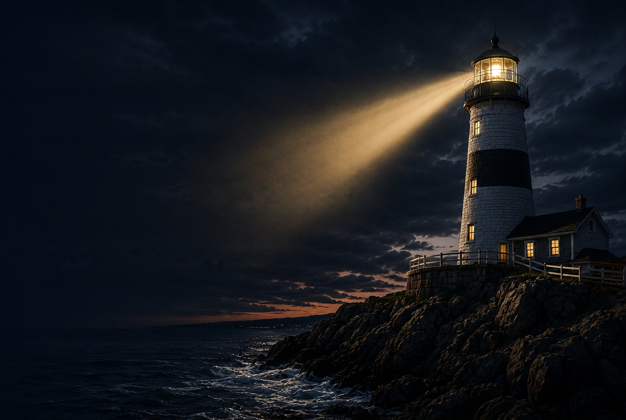 A New England lighthouse casting its beam over a rocky coastline at dusk