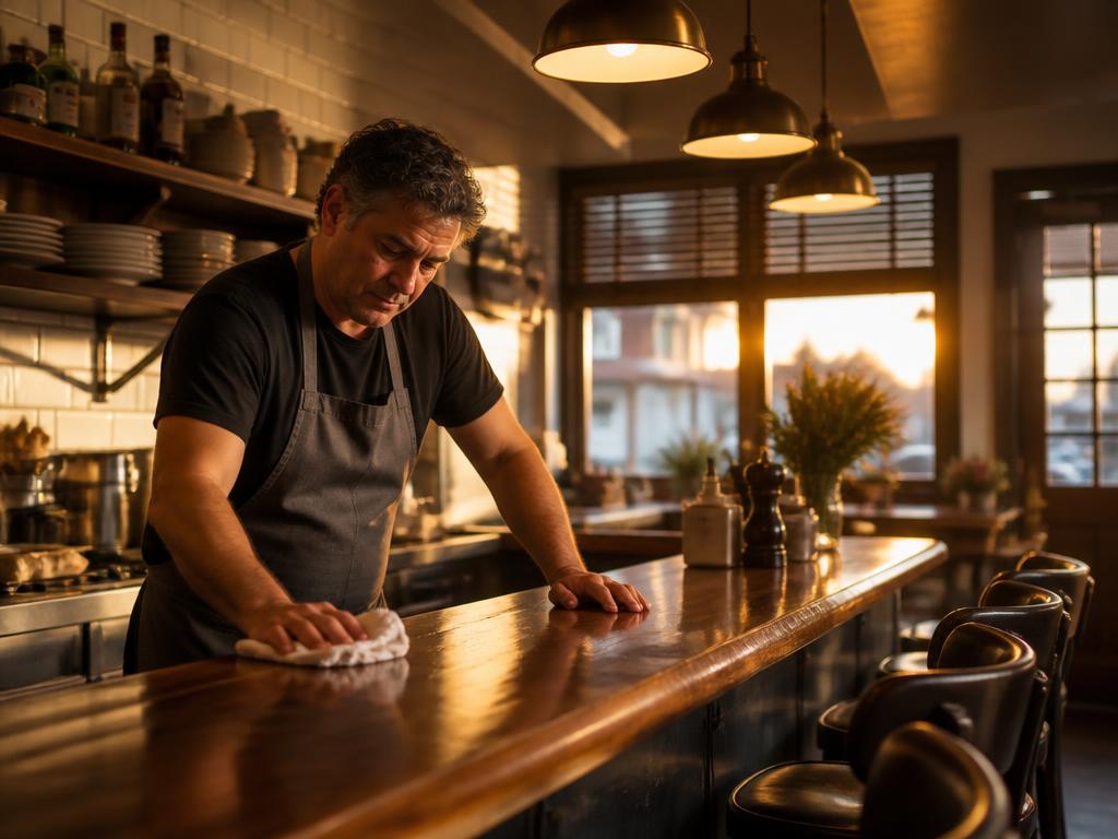 A restaurant owner wiping down the bar of his neighborhood restaurant at golden hour
